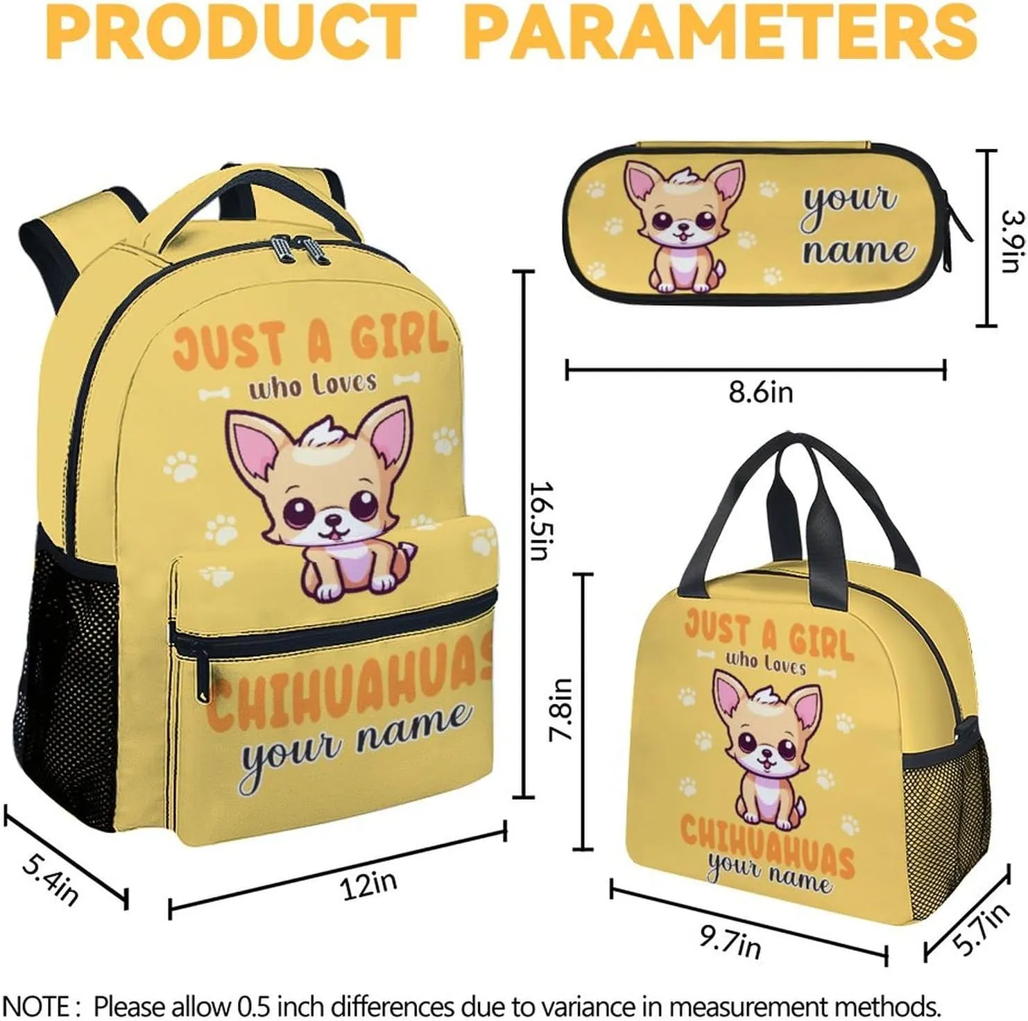 Custom Chihuahua Backpack with Lunch Box, Set of 3 School Backpacks Matching Combo, Cute Yellow Bookbag and Pencil Case Bundle
