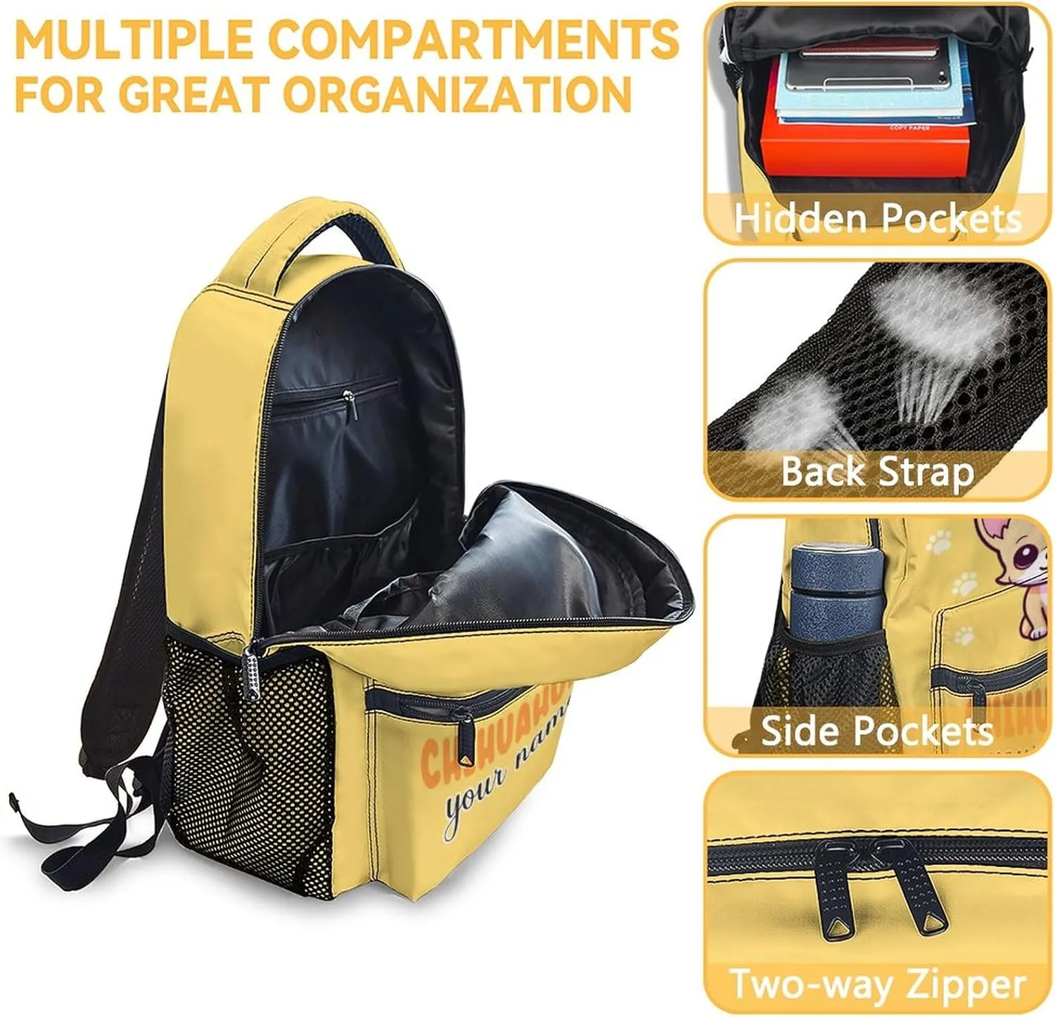 Custom Chihuahua Backpack with Lunch Box, Set of 3 School Backpacks Matching Combo, Cute Yellow Bookbag and Pencil Case Bundle