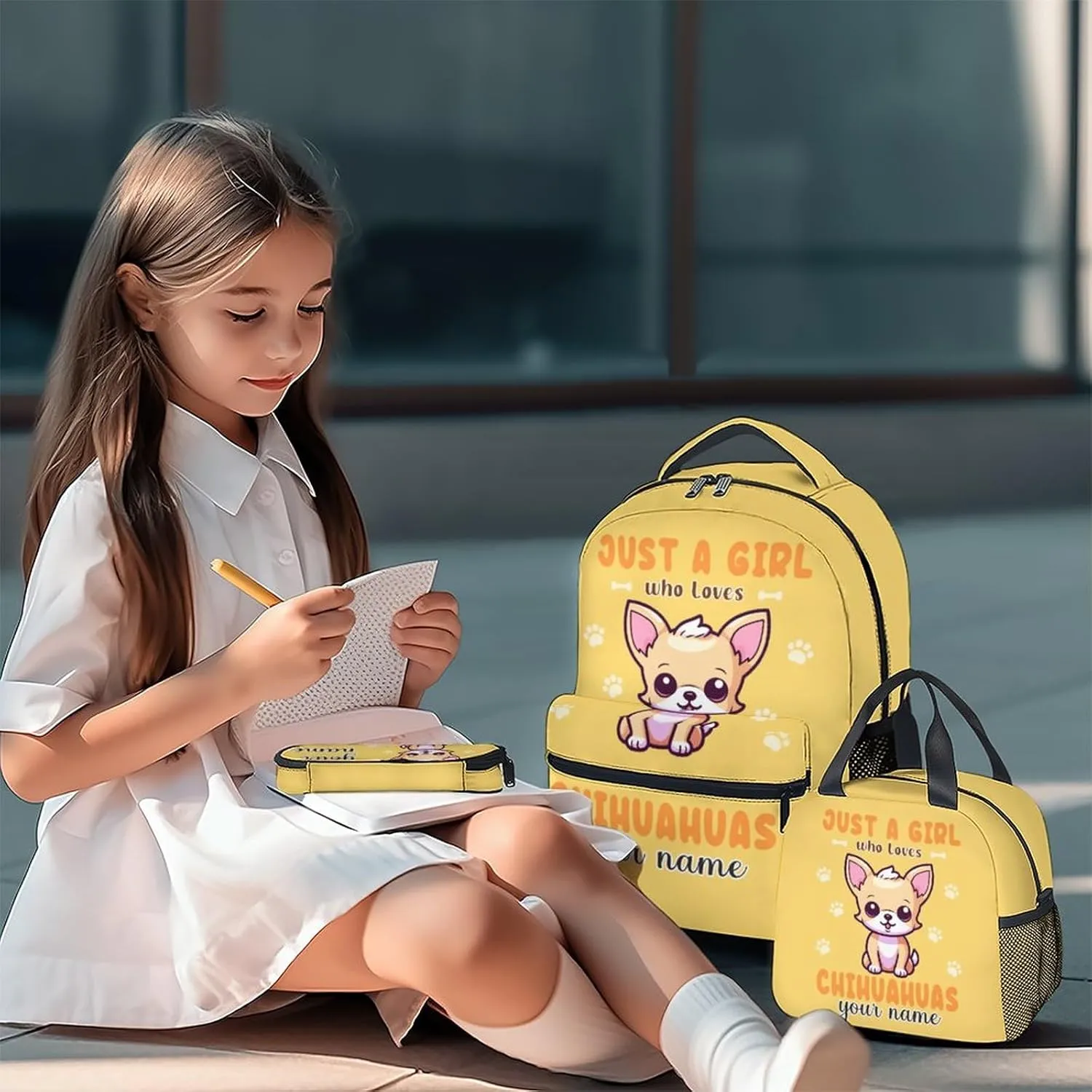 Custom Chihuahua Backpack with Lunch Box, Set of 3 School Backpacks Matching Combo, Cute Yellow Bookbag and Pencil Case Bundle
