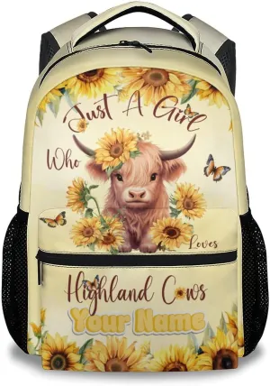 Custom Kids School Backpack - 17 Inch Cute Highland Cow Bookbag for Girls - Durable Yellow School Bag for Elementary & Travel