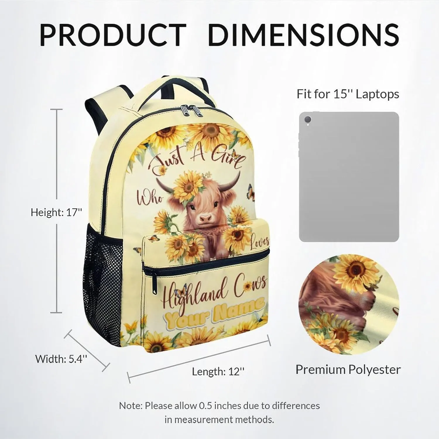 Custom Kids School Backpack - 17 Inch Cute Highland Cow Bookbag for Girls - Durable Yellow School Bag for Elementary & Travel