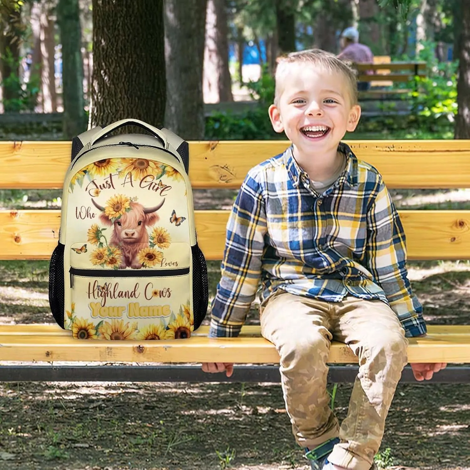 Custom Kids School Backpack - 17 Inch Cute Highland Cow Bookbag for Girls - Durable Yellow School Bag for Elementary & Travel