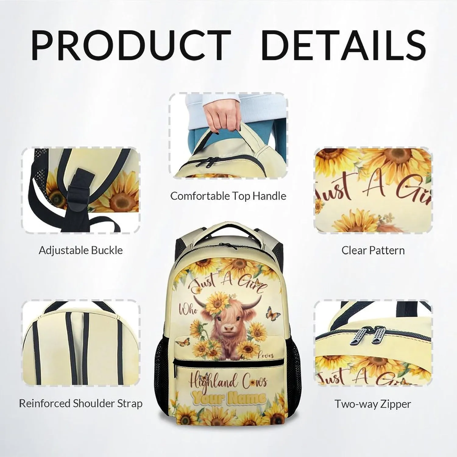 Custom Kids School Backpack - 17 Inch Cute Highland Cow Bookbag for Girls - Durable Yellow School Bag for Elementary & Travel