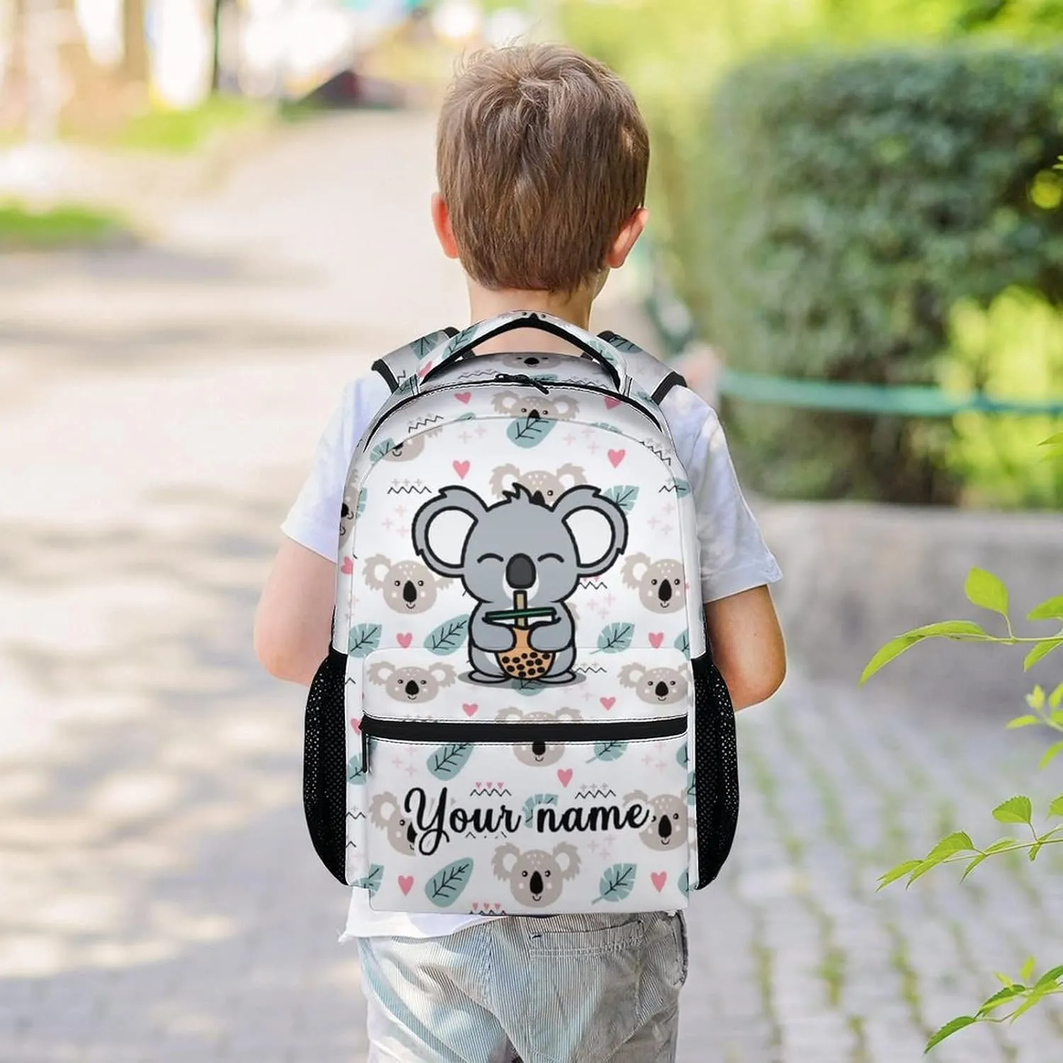 Custom Koala Backpack for Girls Boys, 16 Inch White Backpacks for School, Cute Lightweight Durable Bookbag for Kids