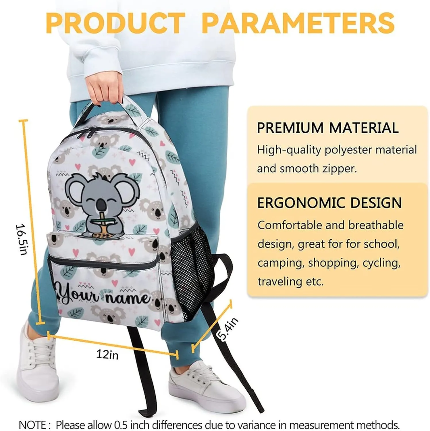 Custom Koala Backpack for Girls Boys, 16 Inch White Backpacks for School, Cute Lightweight Durable Bookbag for Kids