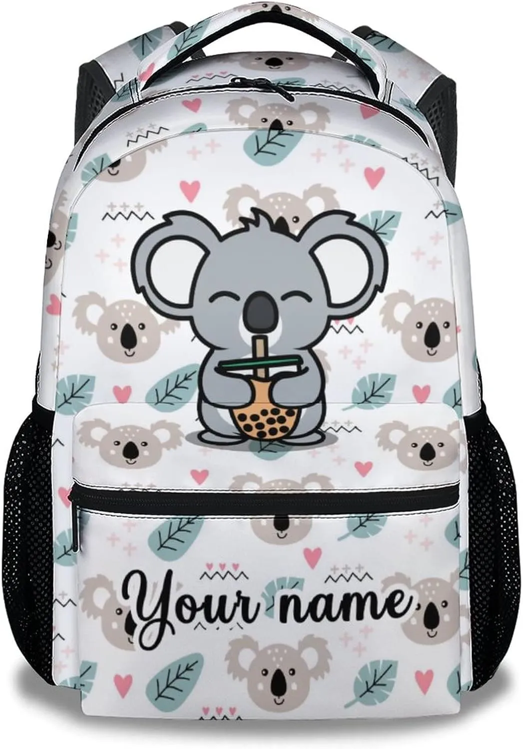 Custom Koala Backpack for Girls Boys, 16 Inch White Backpacks for School, Cute Lightweight Durable Bookbag for Kids