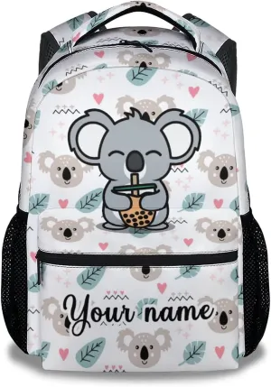 Custom Koala Backpack for Girls Boys, 16 Inch White Backpacks for School, Cute Lightweight Durable Bookbag for Kids