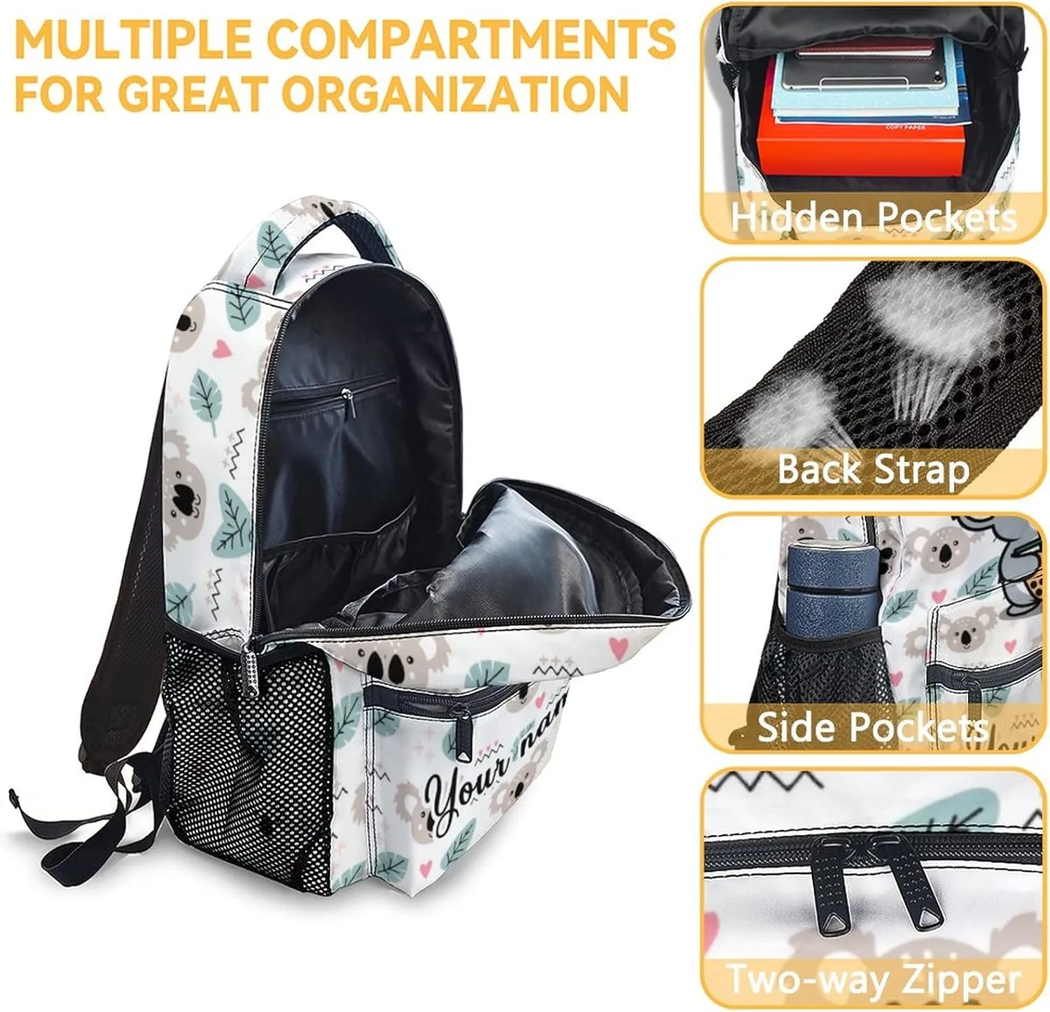 Custom Koala Backpack for Girls Boys, 16 Inch White Backpacks for School, Cute Lightweight Durable Bookbag for Kids