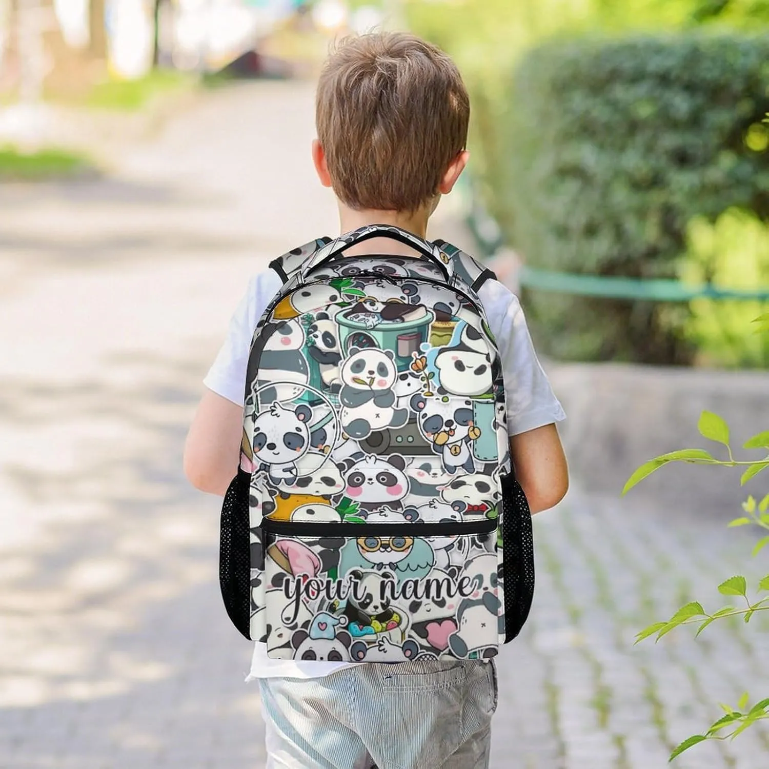 Custom Panda Backpack for Girls Boys, 16 Inch Black Backpacks for School, Cute Lightweight Durable Bookbag for Kids