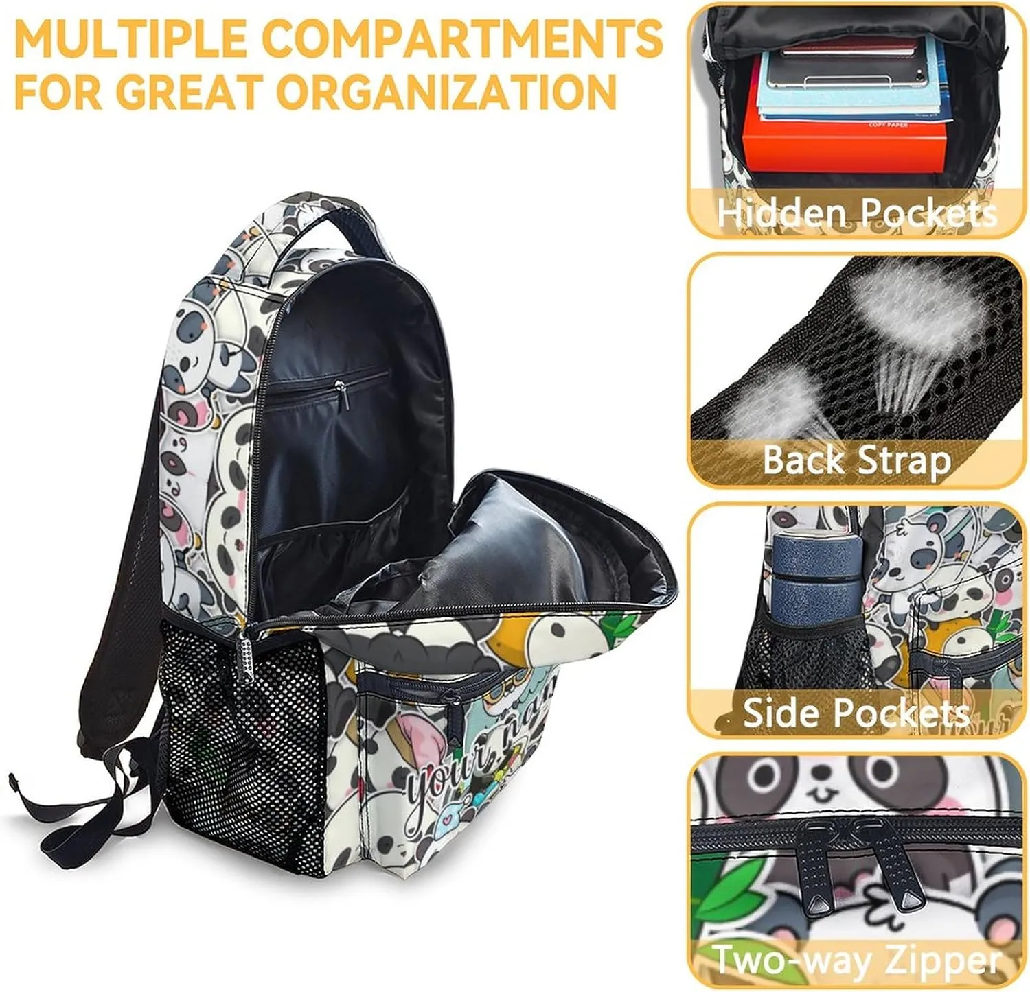 Custom Panda Backpack for Girls Boys, 16 Inch Black Backpacks for School, Cute Lightweight Durable Bookbag for Kids