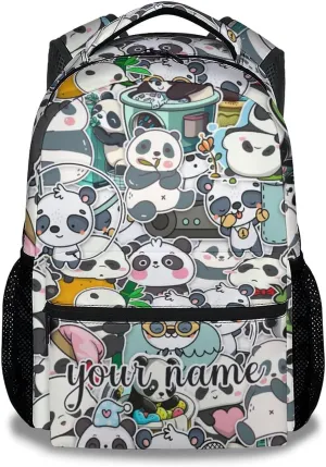 Custom Panda Backpack for Girls Boys, 16 Inch Black Backpacks for School, Cute Lightweight Durable Bookbag for Kids