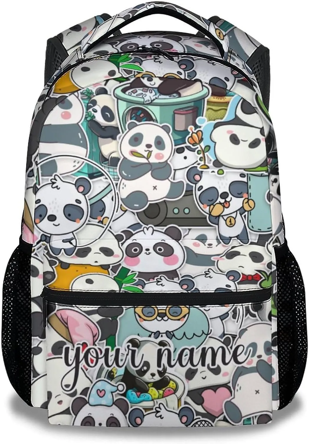 Custom Panda Backpack for Girls Boys, 16 Inch Black Backpacks for School, Cute Lightweight Durable Bookbag for Kids