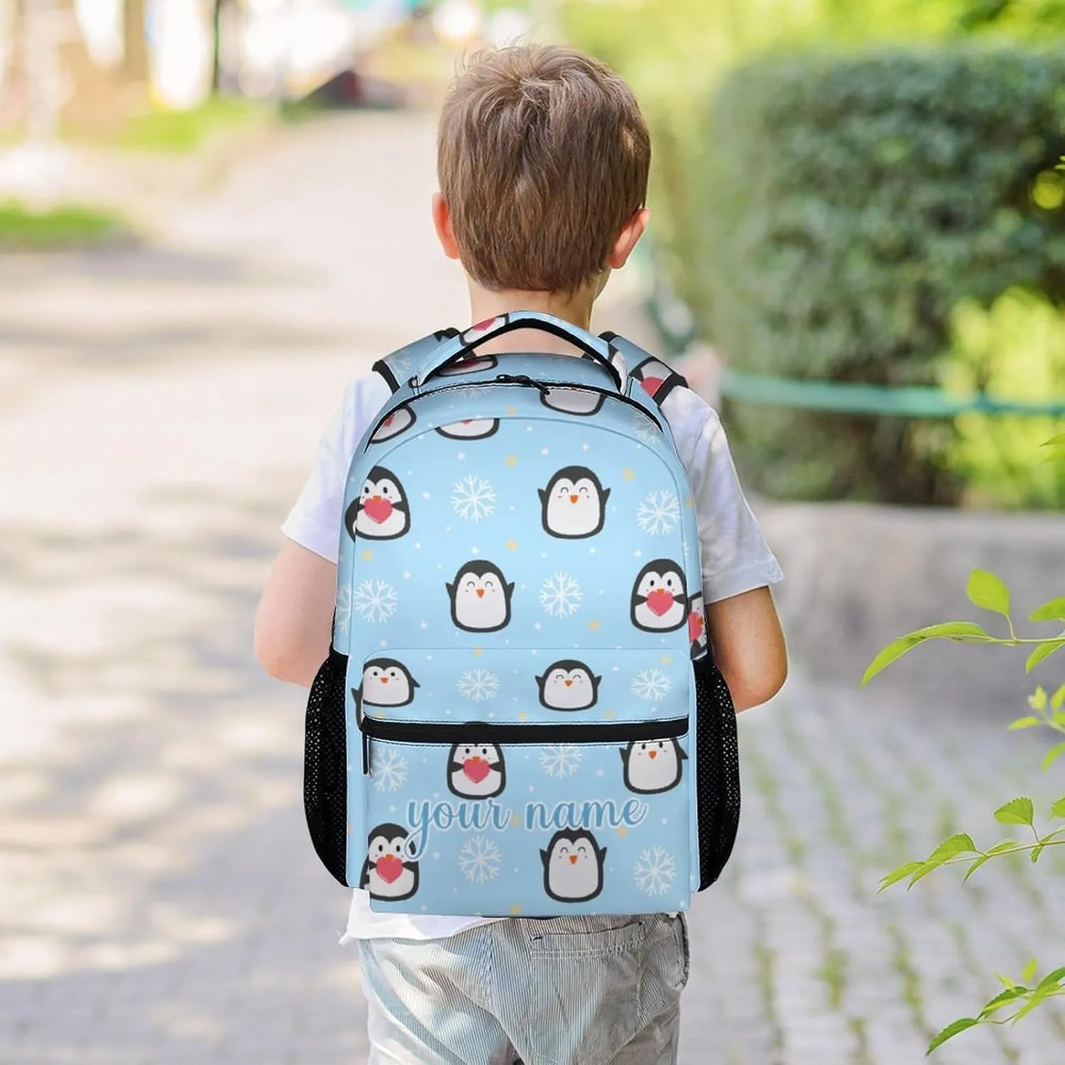 Custom Penguin Backpack for Girls Boys, 16 Inch Blue Backpacks for School, Cute Lightweight Durable Bookbag for Kids