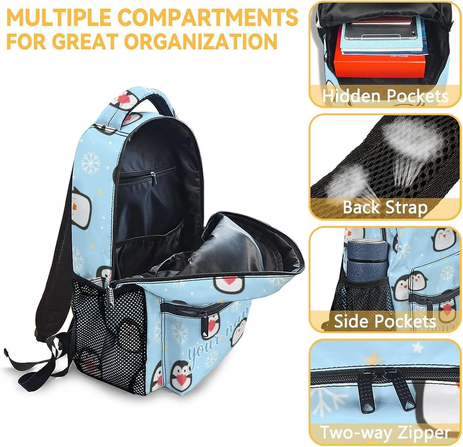 Custom Penguin Backpack for Girls Boys, 16 Inch Blue Backpacks for School, Cute Lightweight Durable Bookbag for Kids