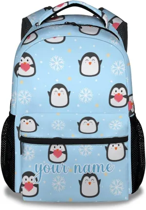 Custom Penguin Backpack for Girls Boys, 16 Inch Blue Backpacks for School, Cute Lightweight Durable Bookbag for Kids