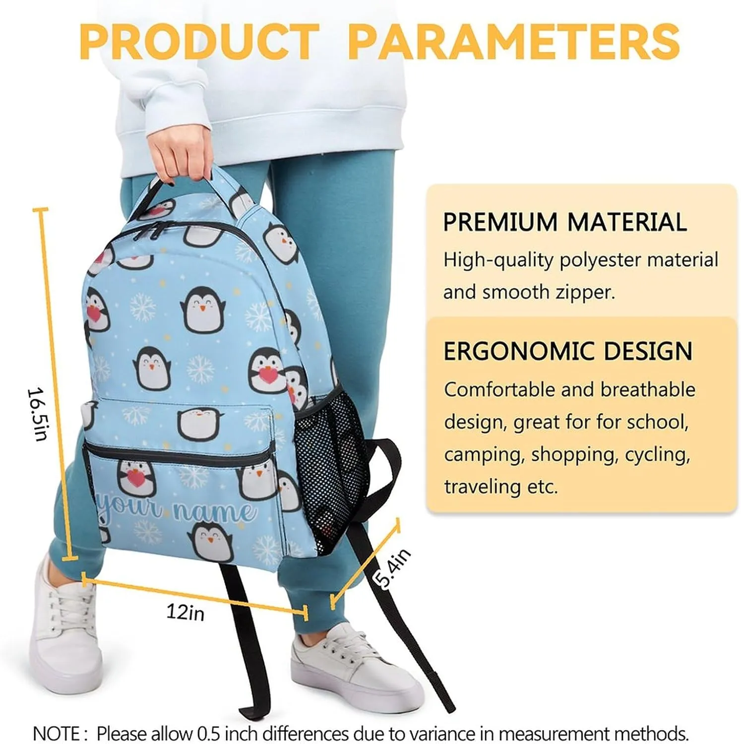 Custom Penguin Backpack for Girls Boys, 16 Inch Blue Backpacks for School, Cute Lightweight Durable Bookbag for Kids