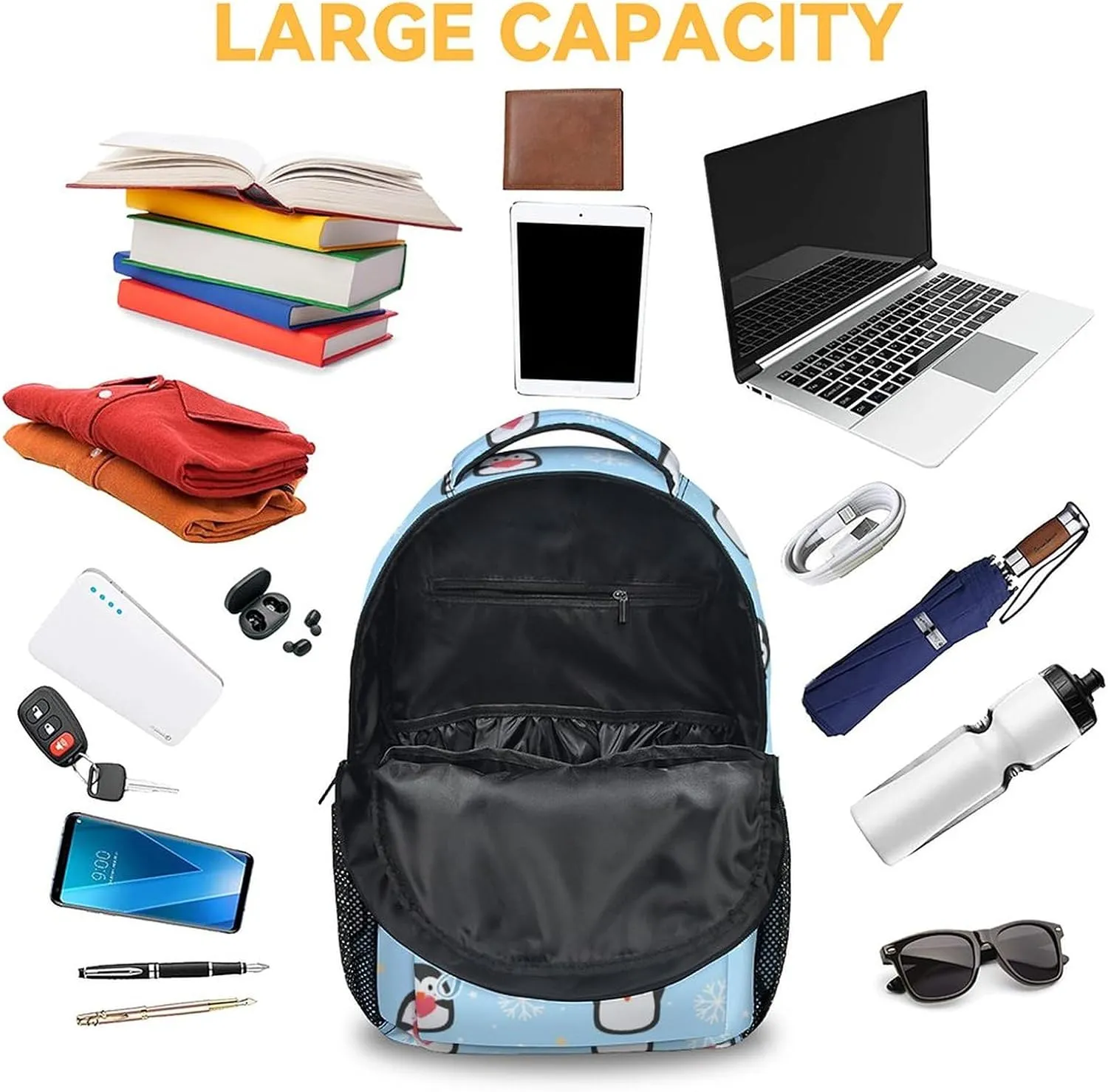 Custom Penguin Backpack for Girls Boys, 16 Inch Blue Backpacks for School, Cute Lightweight Durable Bookbag for Kids