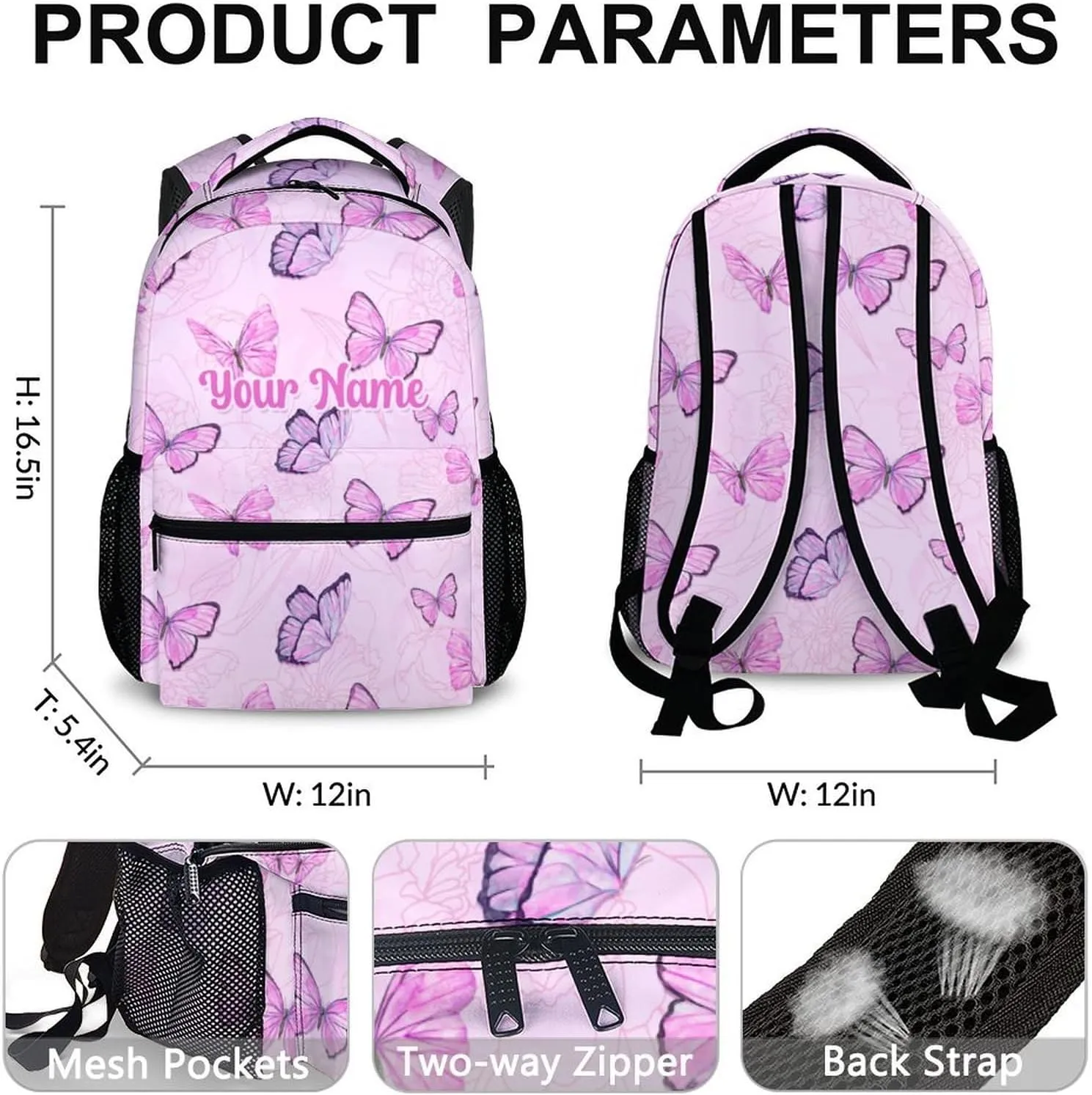 Custom School Backpack for Girls - Personalized Butterfly Backpack for Kids Student 17" Lightweight Cute Bookbag for School Schoolbag Elementary, Girls Backpacks Ages 6-8