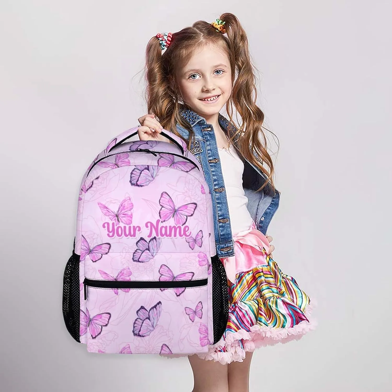 Custom School Backpack for Girls - Personalized Butterfly Backpack for Kids Student 17" Lightweight Cute Bookbag for School Schoolbag Elementary, Girls Backpacks Ages 6-8