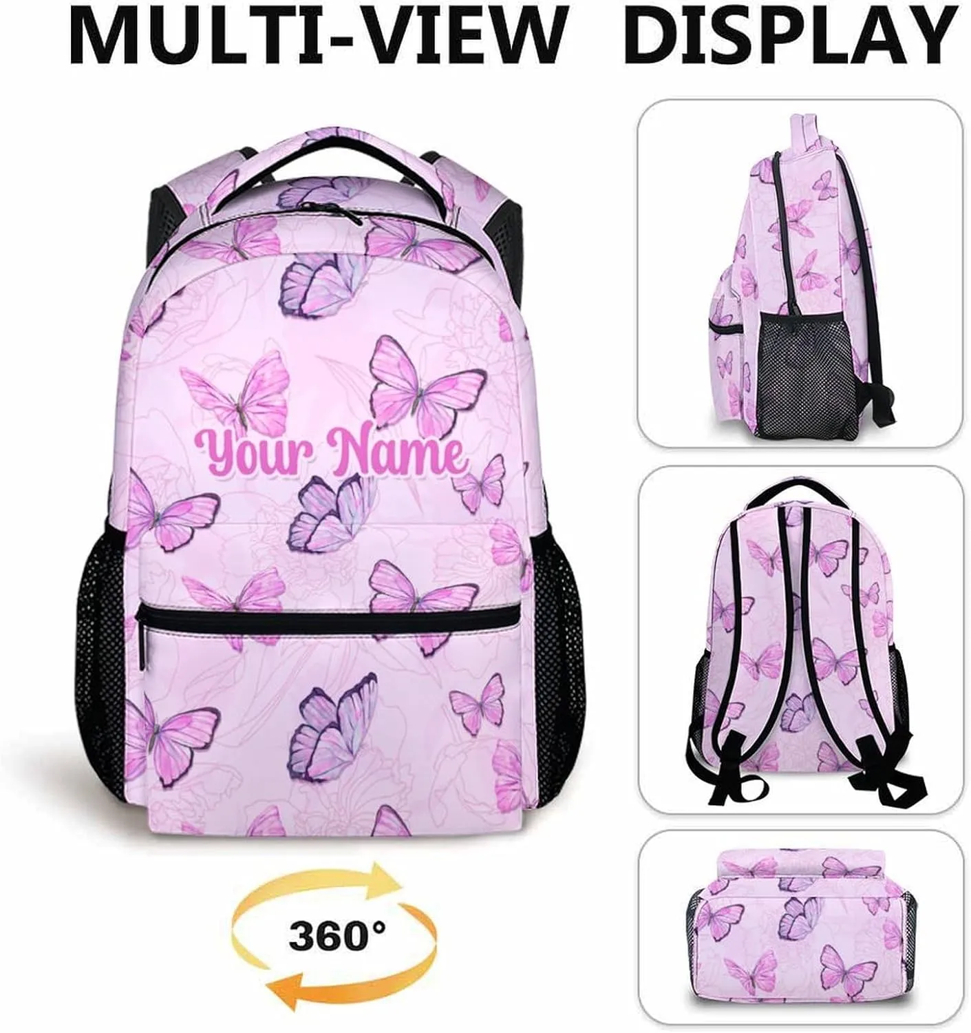 Custom School Backpack for Girls - Personalized Butterfly Backpack for Kids Student 17" Lightweight Cute Bookbag for School Schoolbag Elementary, Girls Backpacks Ages 6-8