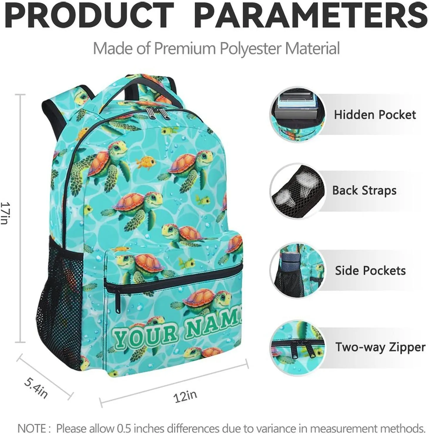 Custom School Backpack with Lunch Box - Set of 3 Turtle Backpacks Matching Combo for Girls - Cute Green Bookbag and Pencil Case Bundle