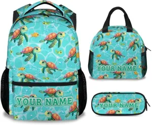 Custom School Backpack with Lunch Box - Set of 3 Turtle Backpacks Matching Combo for Girls - Cute Green Bookbag and Pencil Case Bundle