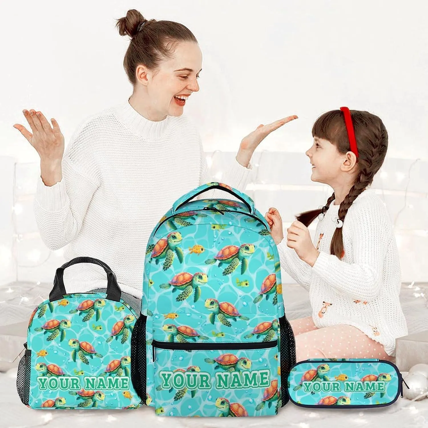 Custom School Backpack with Lunch Box - Set of 3 Turtle Backpacks Matching Combo for Girls - Cute Green Bookbag and Pencil Case Bundle