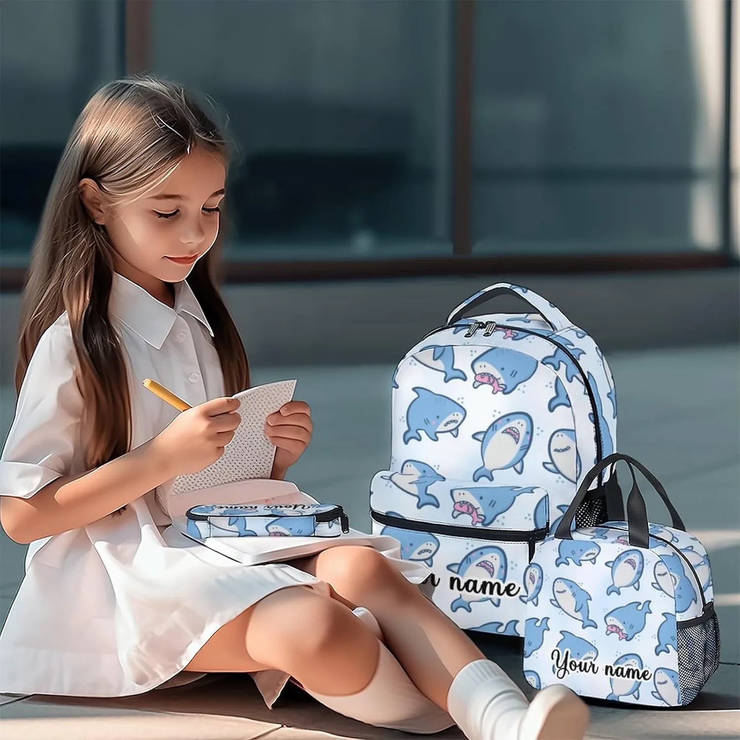 Custom Shark Backpack with Lunch Box - Set of 3 School Backpacks Matching Combo for Girls Boys - Cute Blue Bookbag and Pencil Case Bundle