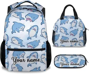 Custom Shark Backpack with Lunch Box - Set of 3 School Backpacks Matching Combo for Girls Boys - Cute Blue Bookbag and Pencil Case Bundle