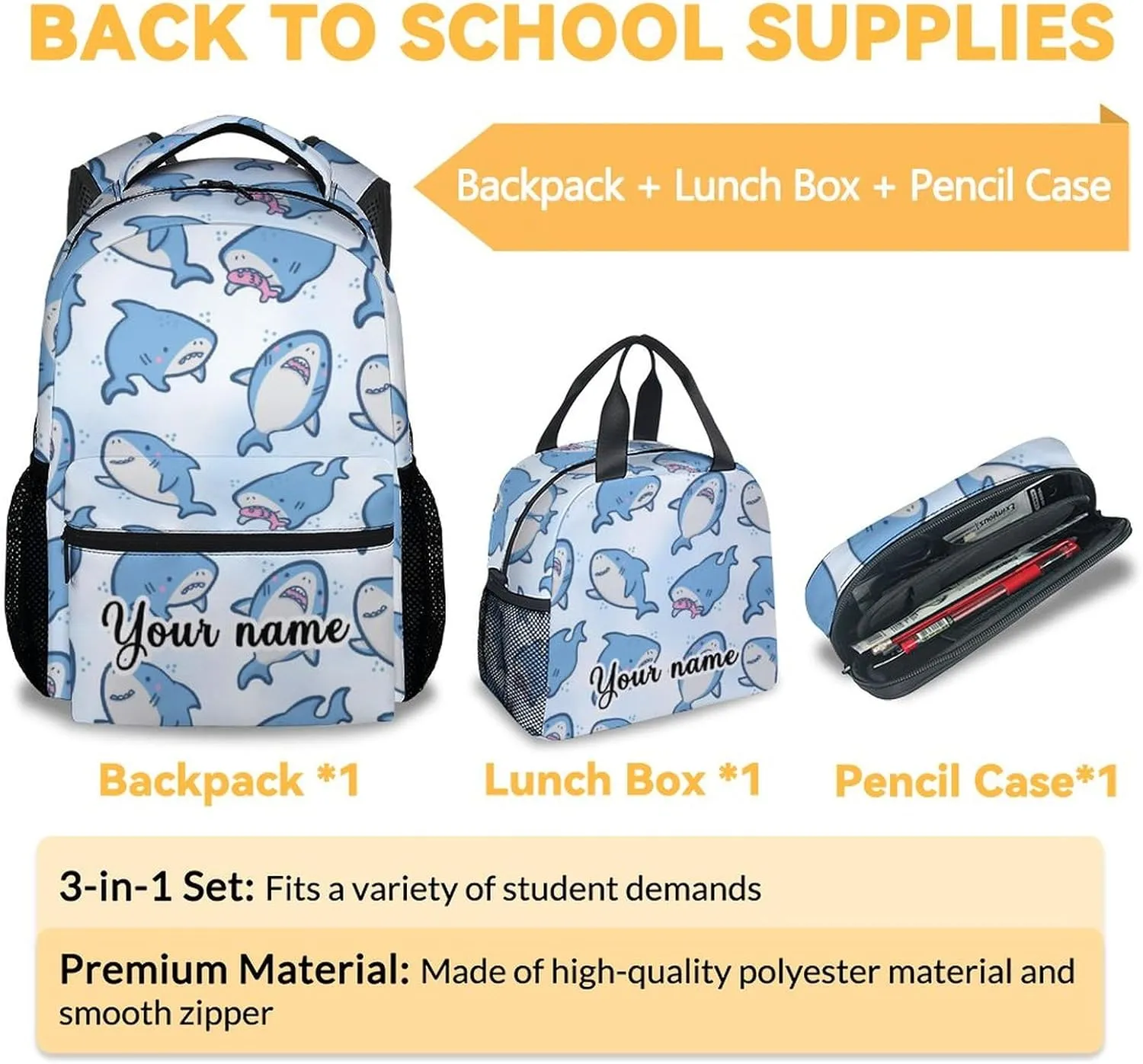 Custom Shark Backpack with Lunch Box - Set of 3 School Backpacks Matching Combo for Girls Boys - Cute Blue Bookbag and Pencil Case Bundle