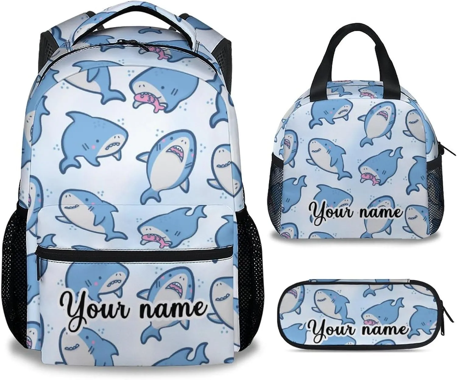 Custom Shark Backpack with Lunch Box - Set of 3 School Backpacks Matching Combo for Girls Boys - Cute Blue Bookbag and Pencil Case Bundle