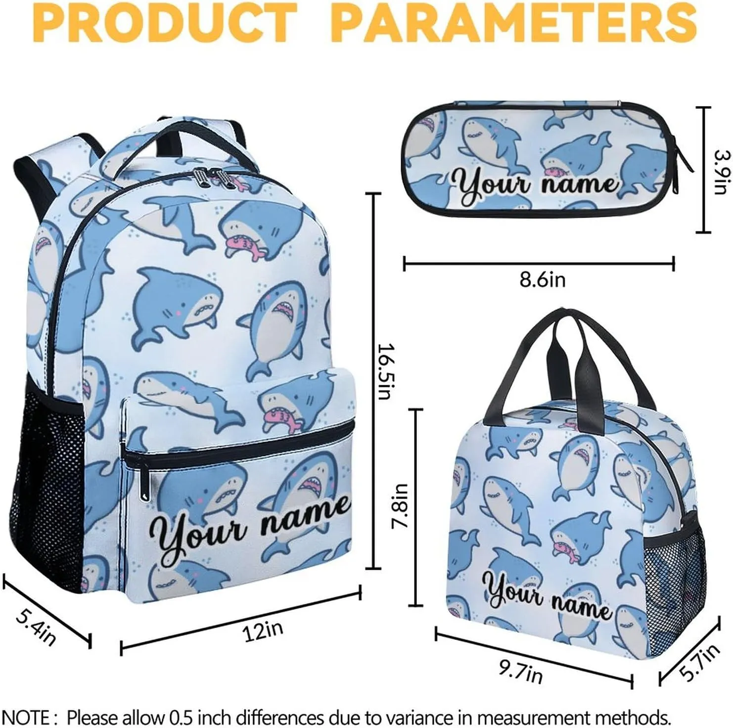 Custom Shark Backpack with Lunch Box - Set of 3 School Backpacks Matching Combo for Girls Boys - Cute Blue Bookbag and Pencil Case Bundle