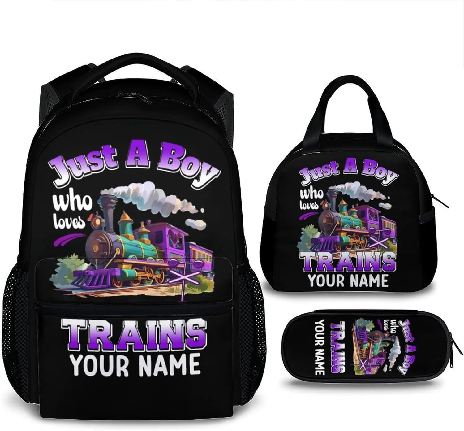 Custom Train Backpack with Lunch Box Set - Set of 3 School Backpacks Matching Combo Gifts for Kids Teens Boys - Personalized Name Back to School Supplies Essentials for Preschool Elementary