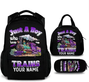 Custom Train Backpack with Lunch Box Set - Set of 3 School Backpacks Matching Combo Gifts for Kids Teens Boys - Personalized Name Back to School Supplies Essentials for Preschool Elementary