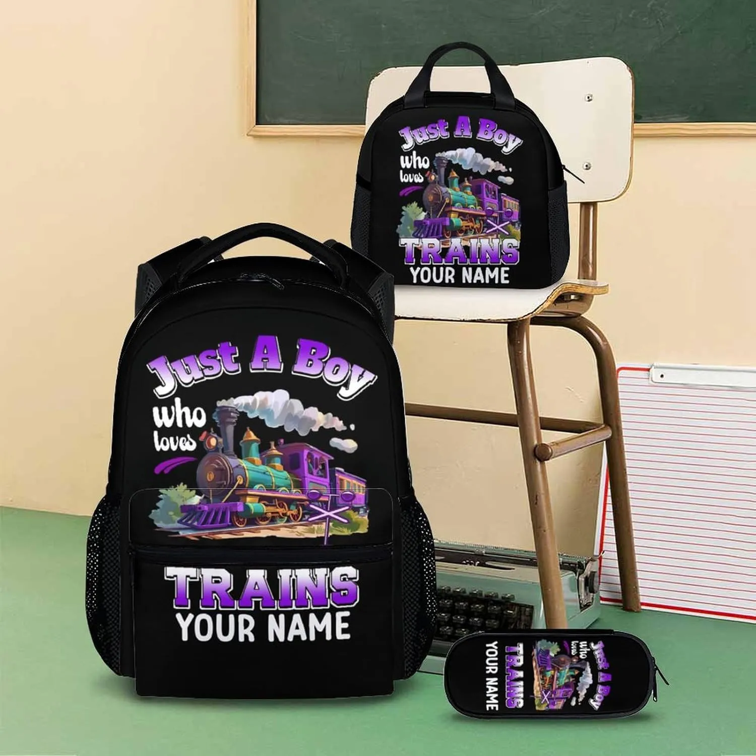Custom Train Backpack with Lunch Box Set - Set of 3 School Backpacks Matching Combo Gifts for Kids Teens Boys - Personalized Name Back to School Supplies Essentials for Preschool Elementary