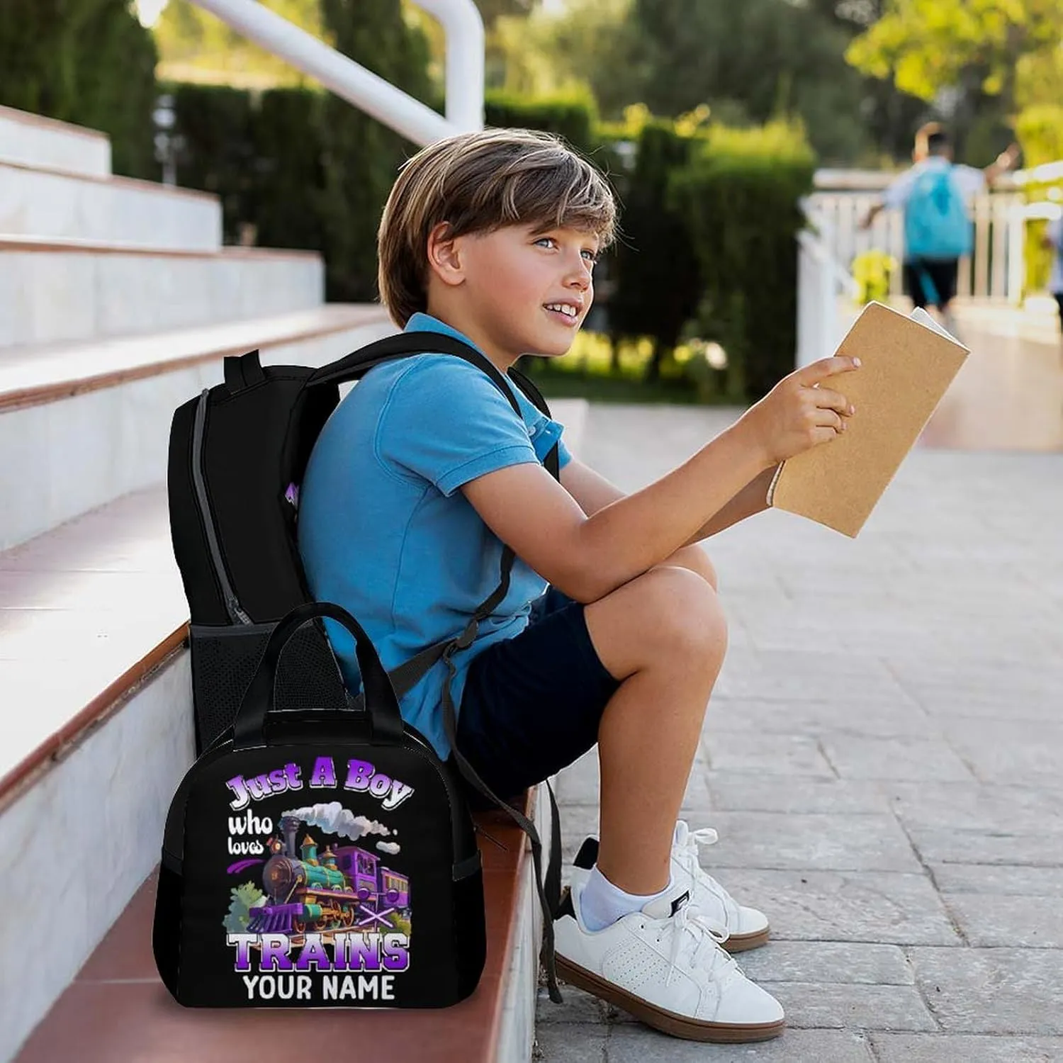 Custom Train Backpack with Lunch Box Set - Set of 3 School Backpacks Matching Combo Gifts for Kids Teens Boys - Personalized Name Back to School Supplies Essentials for Preschool Elementary