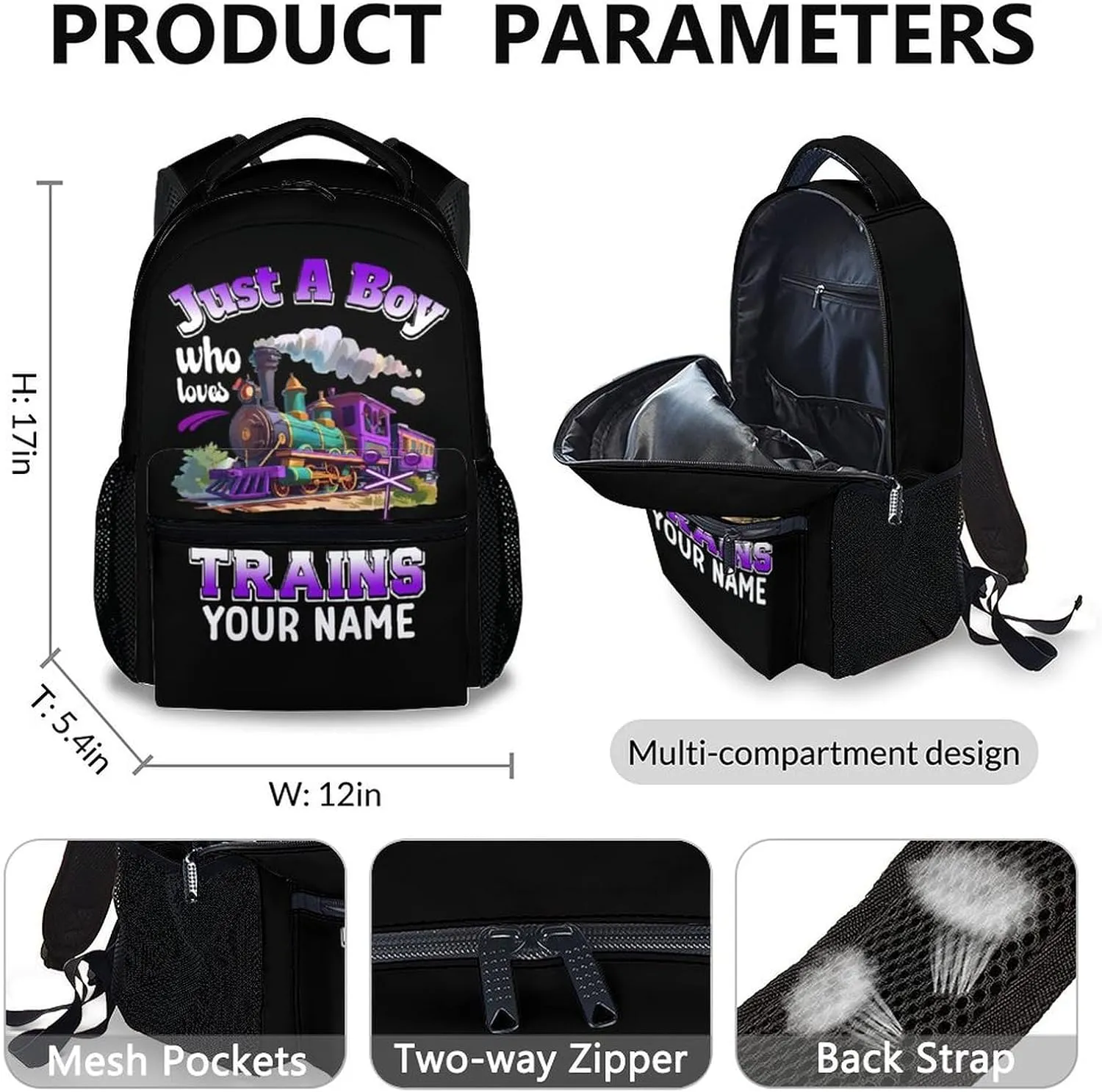 Custom Train Backpack with Lunch Box Set - Set of 3 School Backpacks Matching Combo Gifts for Kids Teens Boys - Personalized Name Back to School Supplies Essentials for Preschool Elementary