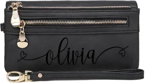 Custom Travel Three Zip Wristlet Wallet Purse Clutch with Credit Card Holder for Women Mothers Day Gifts (Black)