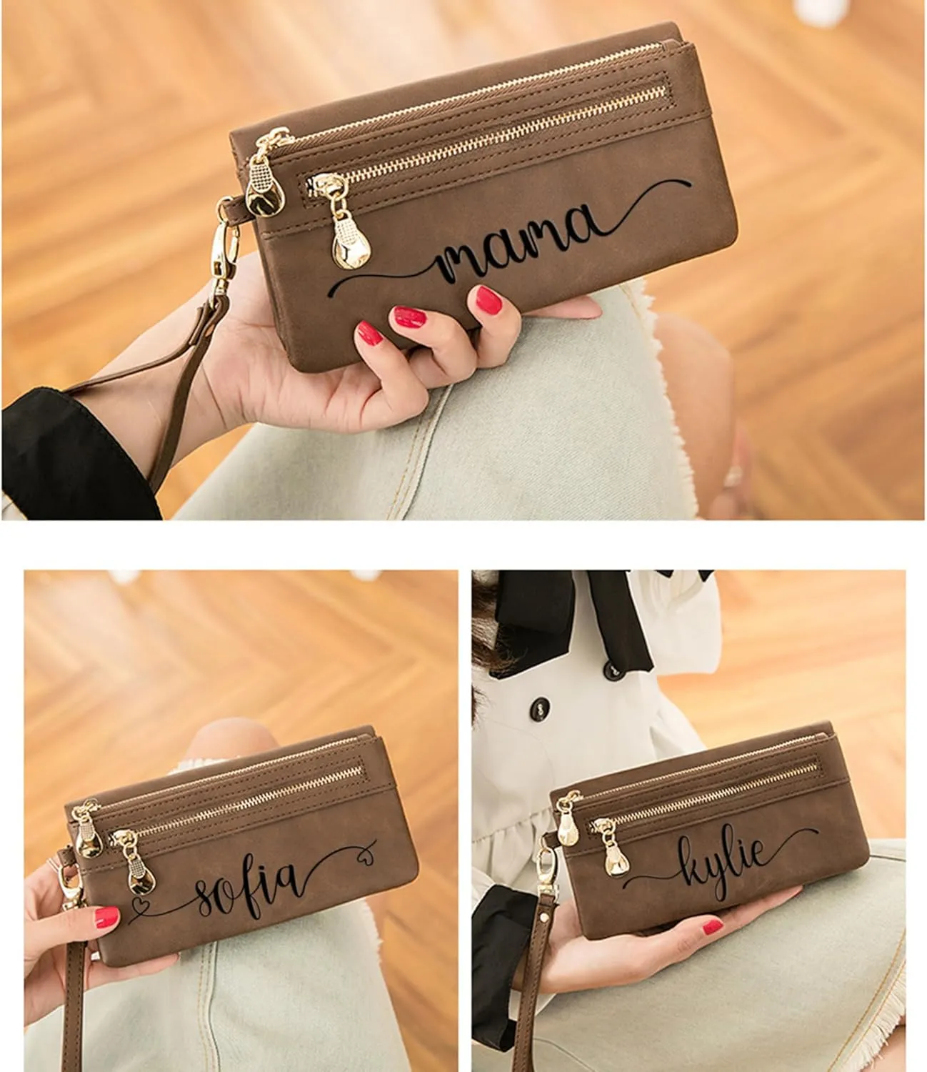 Custom Travel Three Zip Wristlet Wallet Purse Clutch with Credit Card Holder for Women Mothers Day Gifts (Coffee)