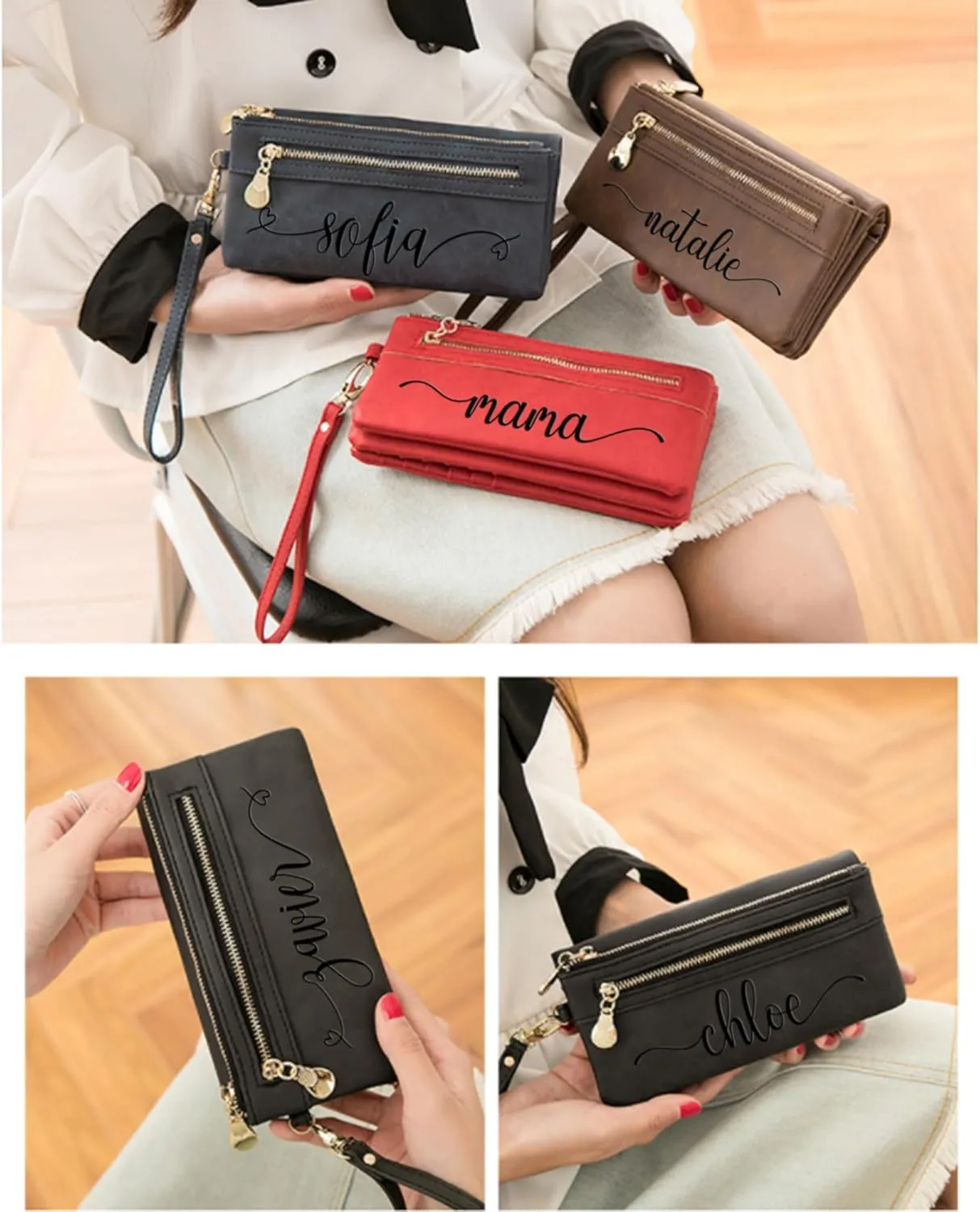 Custom Travel Three Zip Wristlet Wallet Purse Clutch with Credit Card Holder for Women Mothers Day Gifts (Coffee)