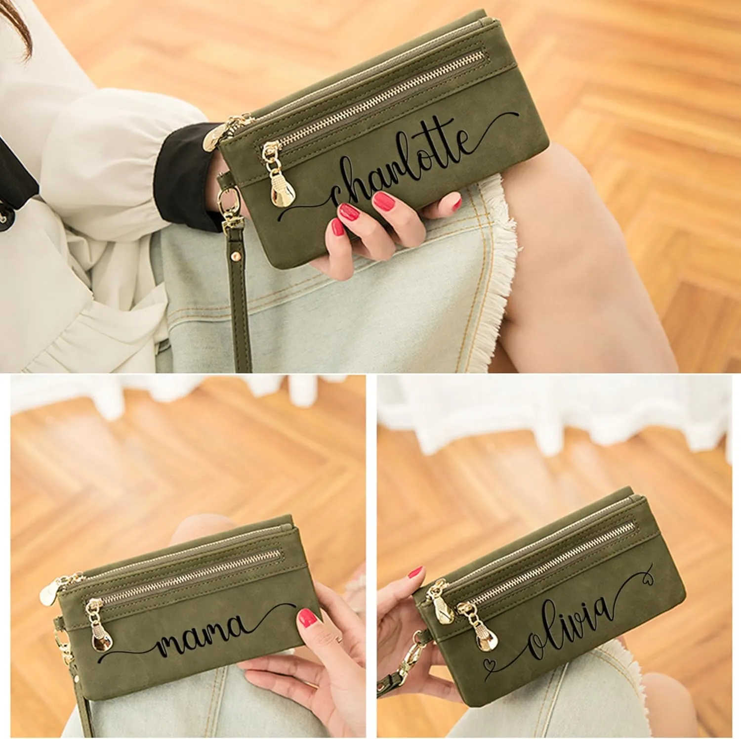 Custom Travel Three Zip Wristlet Wallet Purse Clutch with Credit Card Holder for Women Mothers Day Gifts (Dark Green)