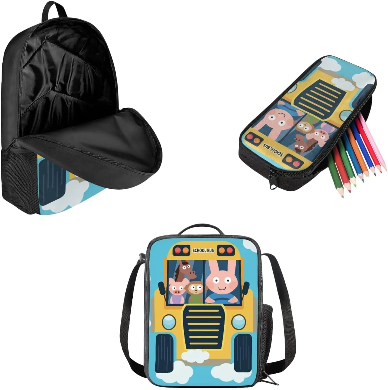 Cute Animals School Bus Print Backpack for Teen Girls Boys, School Bookbags Backpack with Lunch Box and Pencil Case 3 in 1 School Bags Set