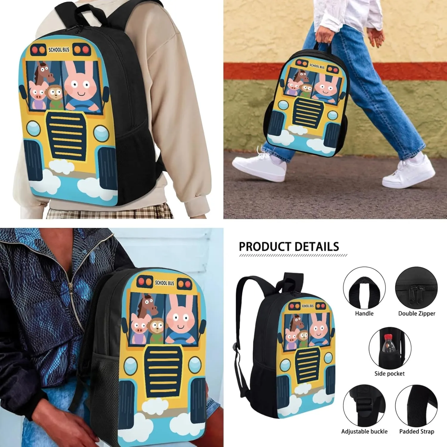Cute Animals School Bus Print Backpack for Teen Girls Boys, School Bookbags Backpack with Lunch Box and Pencil Case 3 in 1 School Bags Set