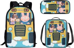 Cute Animals School Bus Print Backpack for Teen Girls Boys, School Bookbags Backpack with Lunch Box and Pencil Case 3 in 1 School Bags Set