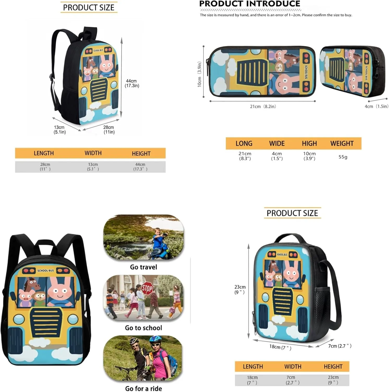Cute Animals School Bus Print Backpack for Teen Girls Boys, School Bookbags Backpack with Lunch Box and Pencil Case 3 in 1 School Bags Set