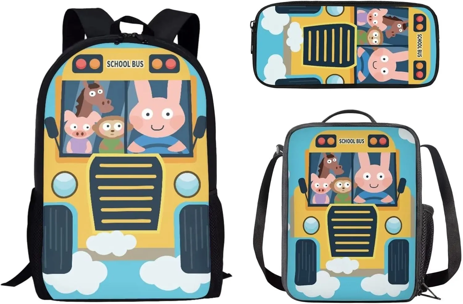 Cute Animals School Bus Print Backpack for Teen Girls Boys, School Bookbags Backpack with Lunch Box and Pencil Case 3 in 1 School Bags Set
