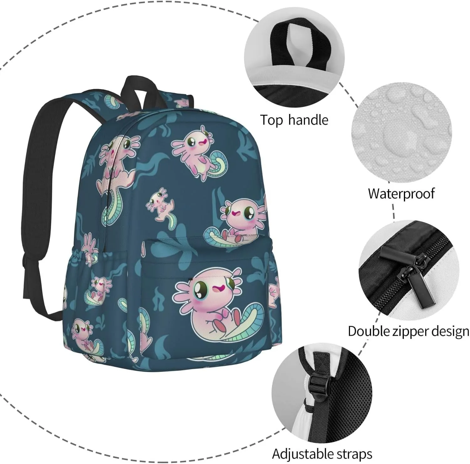 Cute Axolotl Print Multipurpose School Bag Bookbag for Teenage Boys Girls Daily Backpack