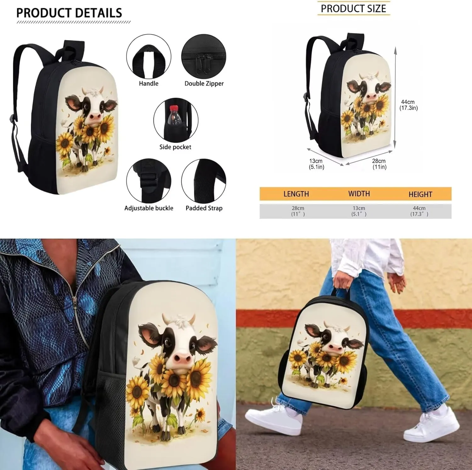 Cute Cow Print 4Pc Backpack Set for Boys Multi-Functional Crossbody School Bag for Teen Boy Portable Food Bag for Travel Work Office Climbing School 4pack