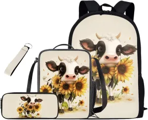 Cute Cow Print 4Pc Backpack Set for Boys Multi-Functional Crossbody School Bag for Teen Boy Portable Food Bag for Travel Work Office Climbing School 4pack