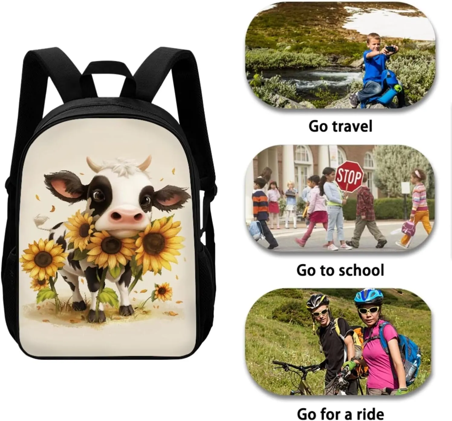 Cute Cow Print 4Pc Backpack Set for Boys Multi-Functional Crossbody School Bag for Teen Boy Portable Food Bag for Travel Work Office Climbing School 4pack